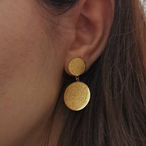 Greek Phaistos Disc Earrings Vintage Style Stainless Steel Ancient Greek Gold Steel Drop Phaistos Coin Earrings Gift for Her