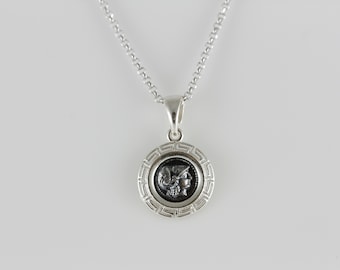 Athena Goddess Coin Necklace, Meander Greek Coin Necklace, Ethnic Pendant, Greek Mythology Disc Necklace, Greek Coin Pendant, Greek Jewelry