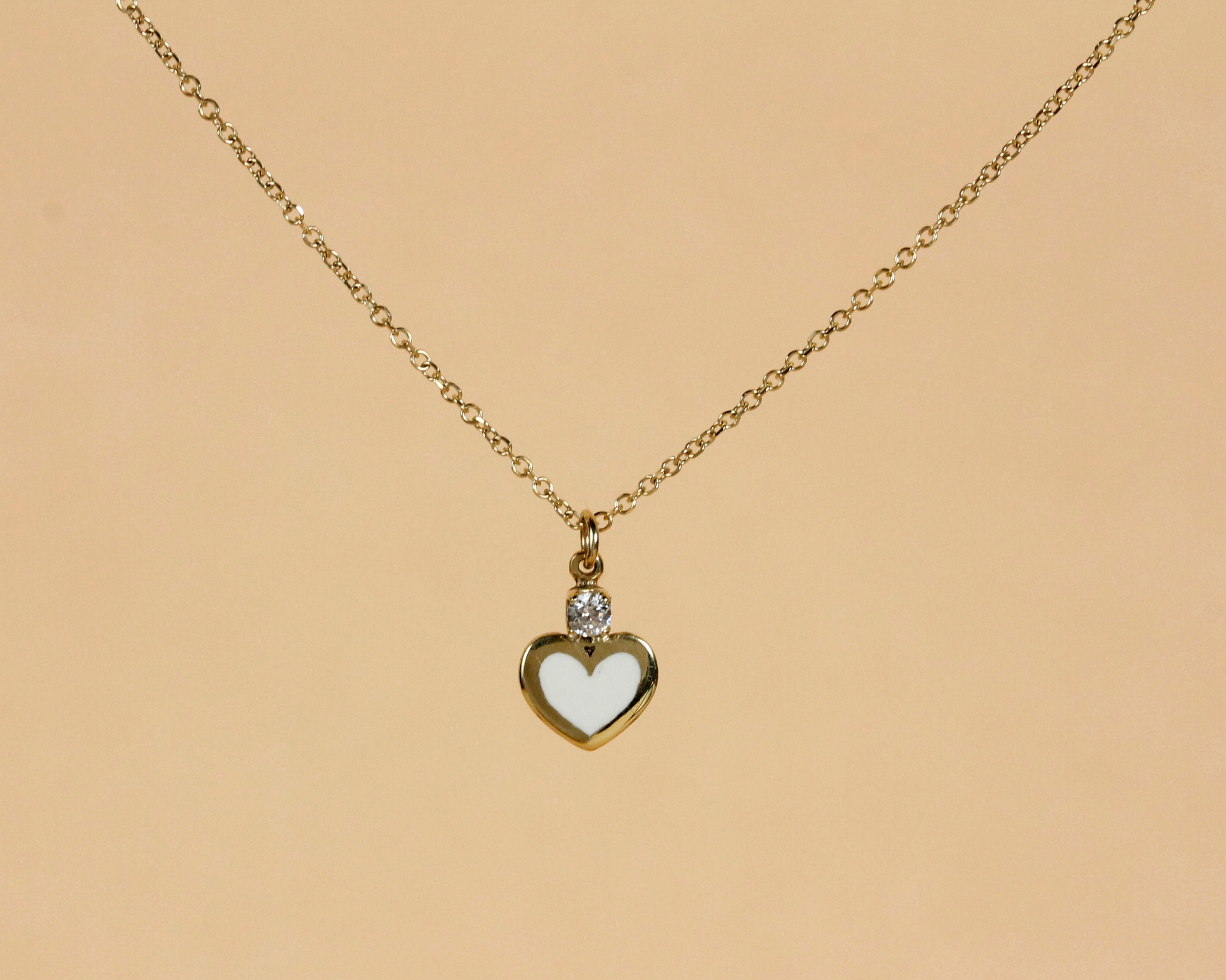 9K Tiny White Enamel Heart Gold Necklace Dainty Heart Necklace | Etsy