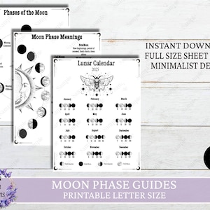 Moon Phase Printable Guide Sheets, Moon Phase Meanings, Printable Moon Phase Calendar, 2025 Lunar Calendar, Instant Download