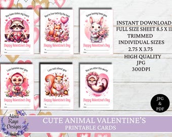 12 druckbare niedliche Tier Wortspiele Kinder Valentinstag Kartenset, Valentinstagskarte, Valentinstag, Kinder Valentinstag, Schule, Klassenzimmer