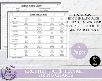 Crochet Hat and Blanket Sizing Chart, Printable Crochet Hat and Blanket Sizing Charts, Crochet Sizing Chart Reference,  Instant Download