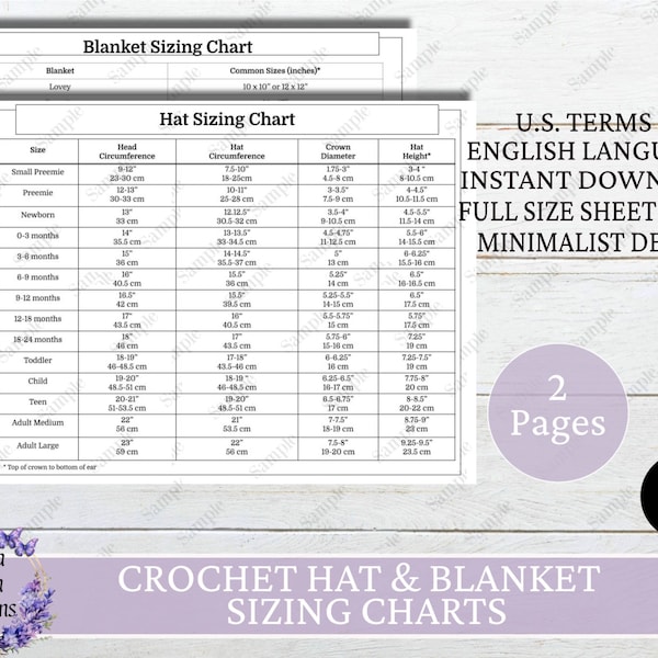 Crochet Hat and Blanket Sizing Chart, Printable Crochet Hat and Blanket Sizing Charts, Crochet Sizing Chart Reference,  Instant Download