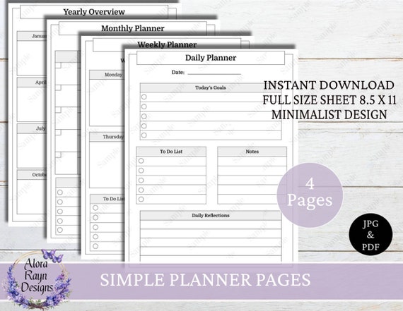 Simple Planner Printables,  Daily Planner, Weekly Planner, Monthly Planner, Yearly Overview, Simple Planner Pages,Minimalist Design