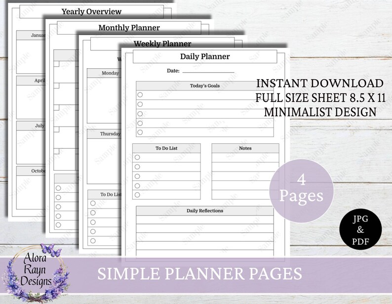 May include: Printable planner pages with a minimalist design. The pages include a yearly overview, monthly planner, weekly planner, and daily planner. The pages are 8.5 inches by 11 inches.