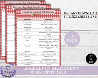 Printable Red Plaid Emergency Ingredient Substitutions Chart, Kitchen Cheat Sheet, Recipe Substitution Guide,Instant Download