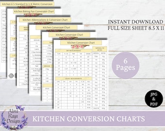 Tablas de conversión de cocina imprimibles, Tabla de conversión de cocina, Hoja de trucos de cocina imprimible, Medidas para hornear, Descarga instantánea