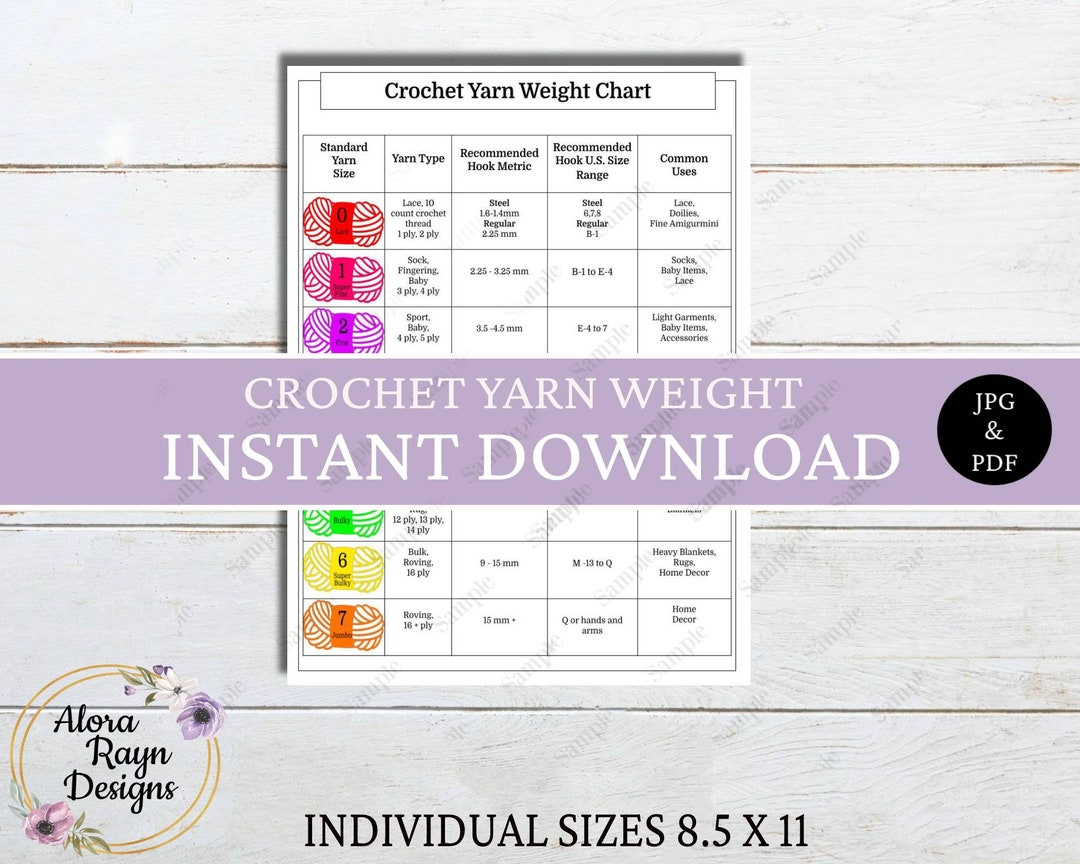 Crochet Yarn Weight Chart Reference Guide, Crochet Journal Page, Basic