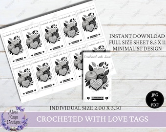Printable Crocheted With Love Tags, Print and Cut Crochet Tag, Contemporary Crocheted With Love Label, DIY Printable Crochet Tags