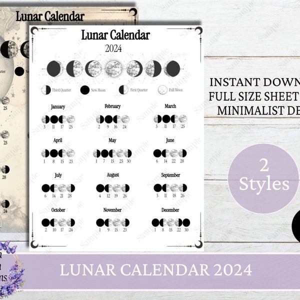 2024 Lunar Calendar Printable , Moon Calendar, Vertical Moon Calendar, Lunar Calendar, Decor 2024, Mondkalender 2024
