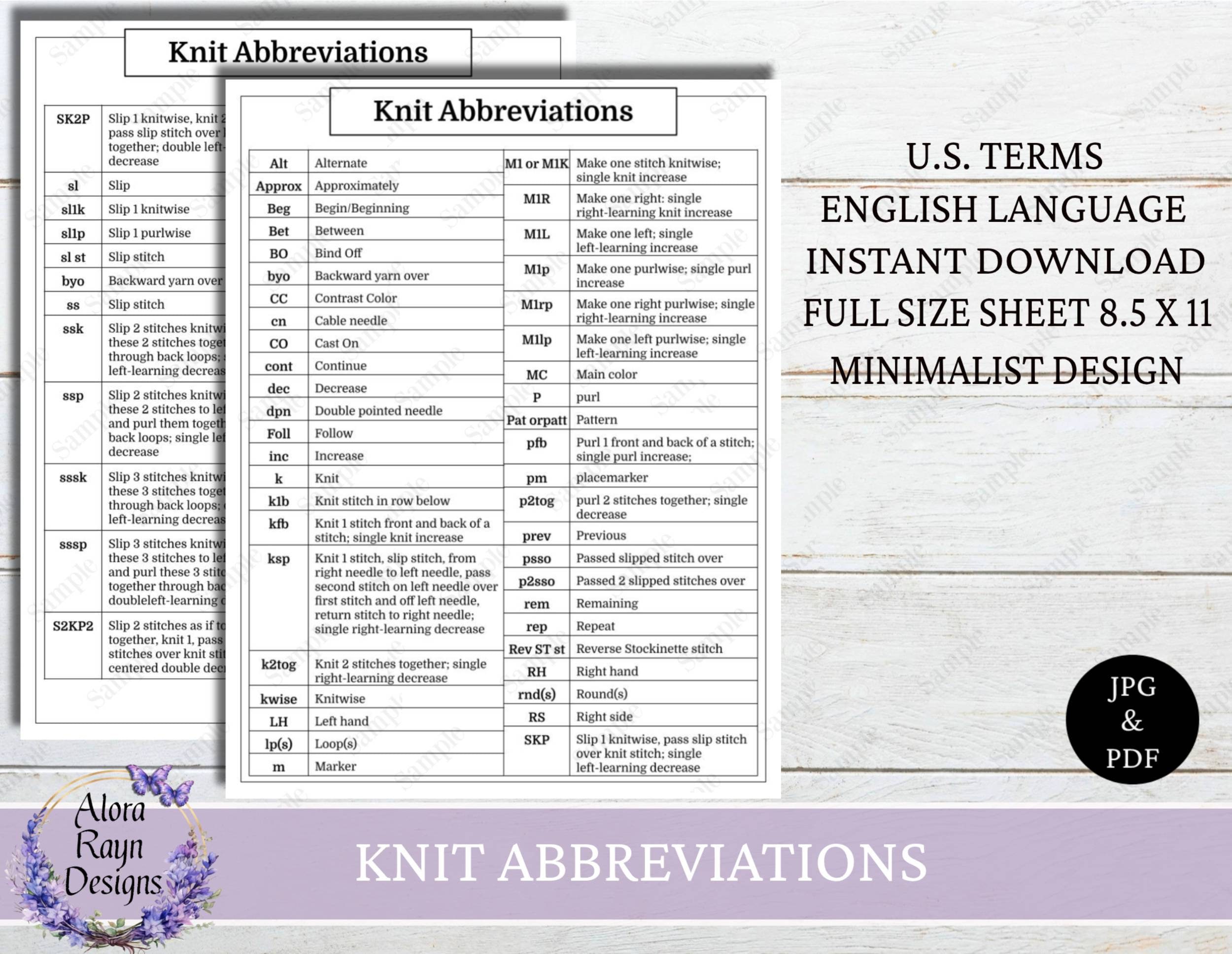Knit Abbreviations Reference Guide, Printable Knit Abbreviation Page, Basic Knit Guides, Beginner Knit Guides, Instant Download