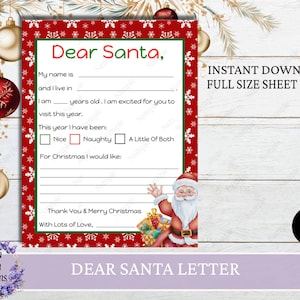 Brief an Santa, Kinderbrief an Santa, Druckbare Brief an Santa, Kinder Weihnachtswunschliste, Lieber Santa Brief, Instant Download