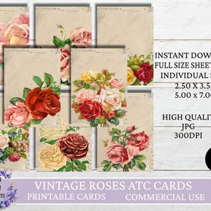 Vintage Roses ATC Cards, Junk Journal Cards, Digital Paper, Printable Journaling Cards, Scrapbooking, Digital Download
