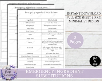 Emergency Ingredient Substitutions Chart, Printable Kitchen Cheat Sheet, Minimalist Design,Recipe Substitution Guide, Instant Download