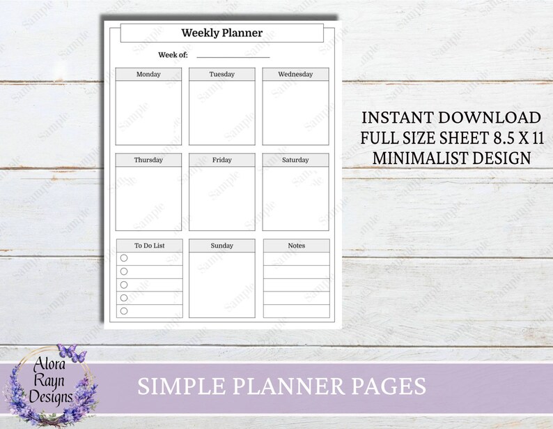 May include: Printable weekly planner page with a minimalist design. The page is divided into seven sections for each day of the week, plus a to-do list and notes section. The page is 8.5 inches by 11 inches.