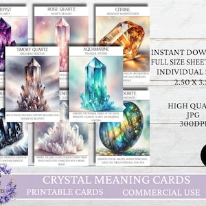 Puede incluir: Un conjunto de tarjetas de significado de cristales con ilustraciones en acuarela de varios cristales, incluyendo amatista, cuarzo rosa y citrino. Descarga instantánea, hojas completas de 21,6 x 27,9 cm y tamaños individuales de 6,35 x 8,89 cm. JPG y PDF de alta calidad.