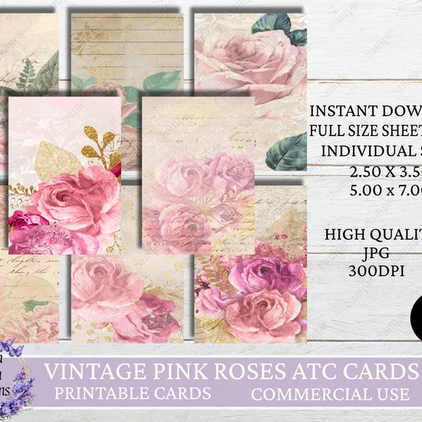 Vintage Pink Roses Junk Journal Ephemera Cards , Printable Vintage Pink Roses ATC, Floral Collage, ACEO Digital Cards, Instant Download