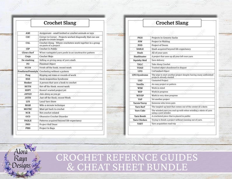 Puede incluir: Dos p&aacute;ginas blancas con t&eacute;rminos de jerga de ganchillo y definiciones. El texto "Crochet Slang" est&aacute; en la parte superior de cada p&aacute;gina. La parte inferior de la imagen tiene el texto "CROCHET REFERENCE GUIDES & CHEAT SHEET BUNDLE".