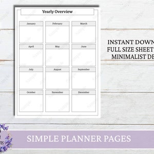 May include: Printable yearly planner page with a minimalist design. The page is divided into 12 boxes, one for each month of the year. The months are labeled January through December.