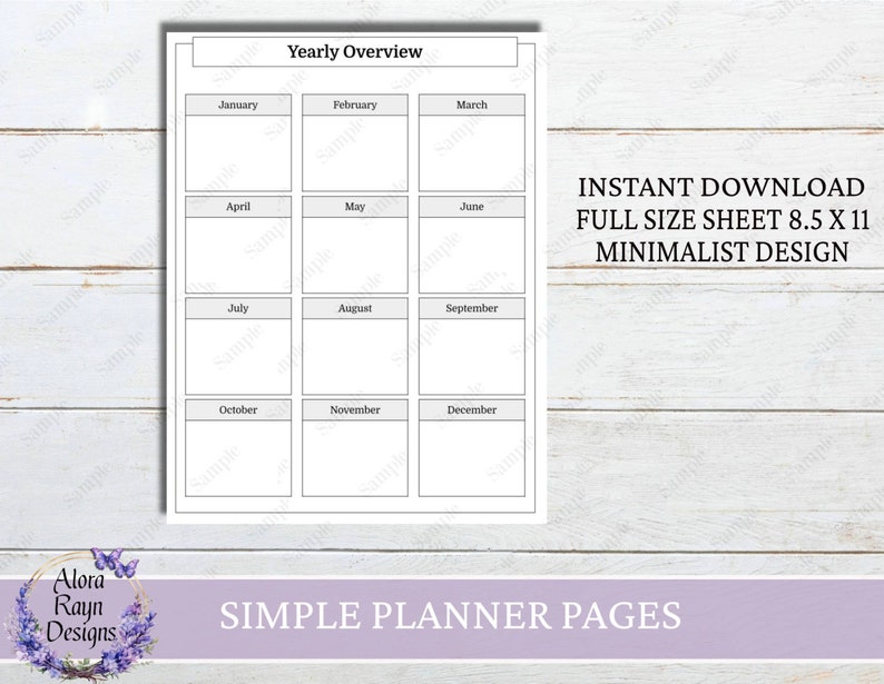 May include: Printable yearly planner page with a minimalist design. The page is divided into 12 boxes, one for each month of the year. The months are labeled January through December.