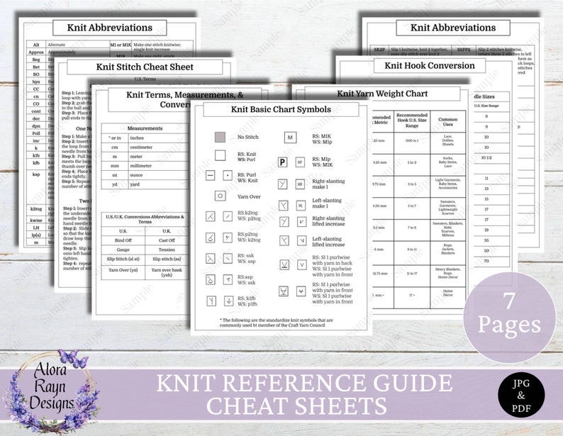 Knit Stitch Guide - Knitting Abbreviations, Terms &amp; Symbols - Cheat Sheet - (digital Download ...