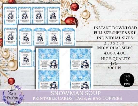 Snowman Soup Printable Tags, Snowman Labels, Snowman Bag Toppers, Christmas Tags, Treat Bag Tags, Instant Download