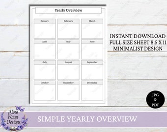 Simple Yearly Overview Planner Printable, Simple Yearly Overview Page, Simple Yearly Overview Sheet, Planner Page, Minimalist Design