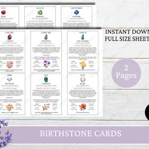 Cartes d'informations imprimables sur la pierre de naissance, cartes de signification de pierre précieuse, cartes de signification de cristal, téléchargement immédiat