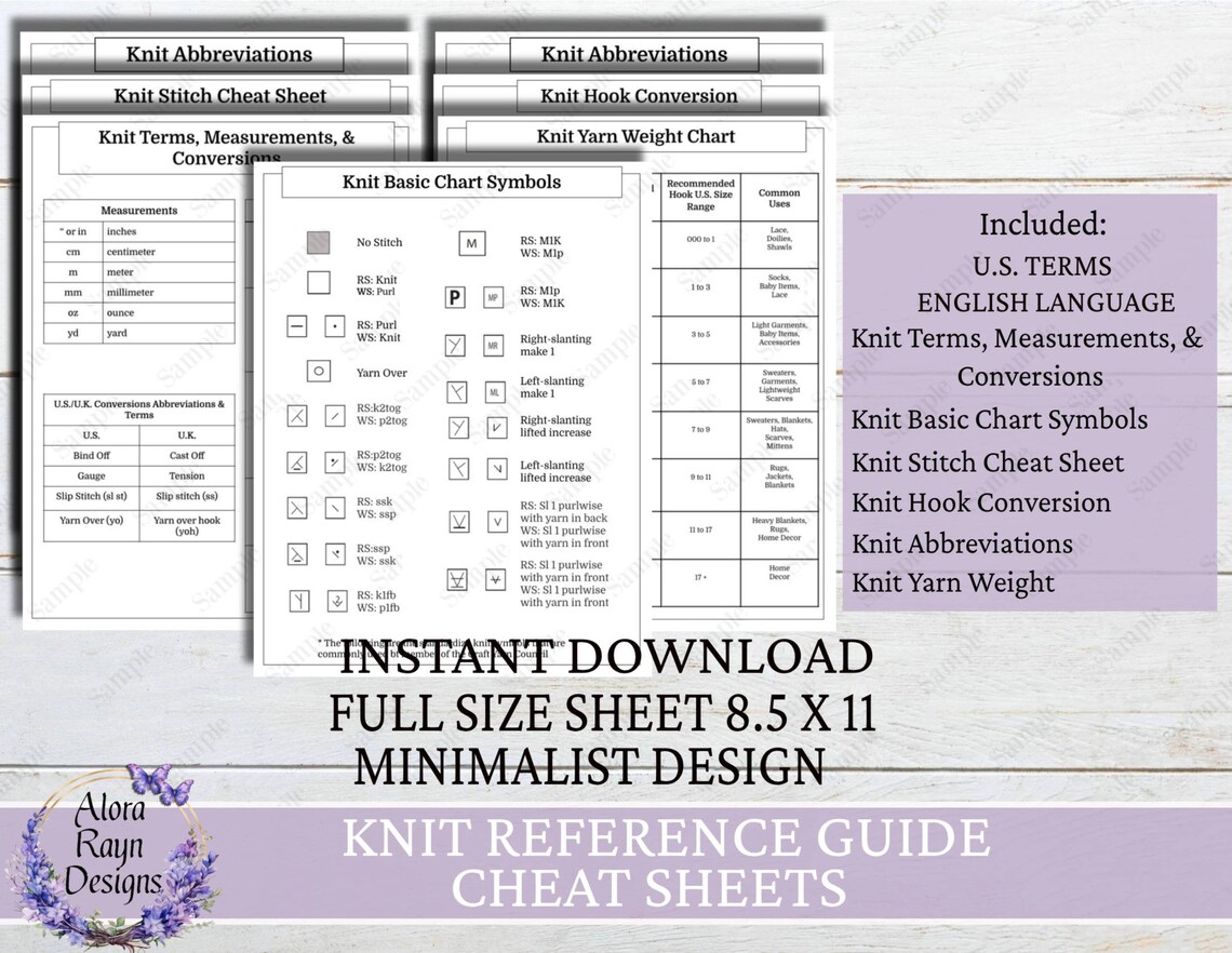 Knit Stitch Guide - Knitting Abbreviations, Terms &amp; Symbols - Cheat Sheet - (digital Download ...