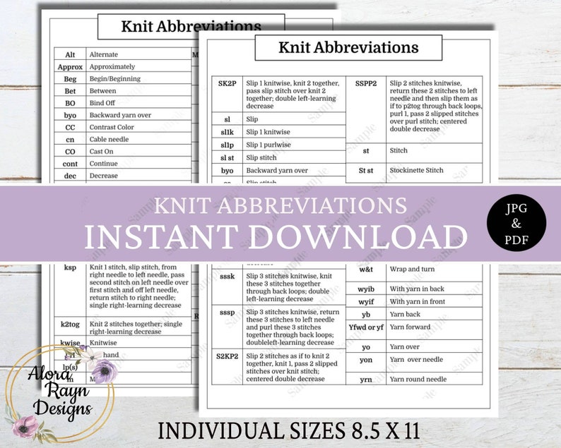 Knit Abbreviations Reference Guide, Printable Knit Abbreviation Page