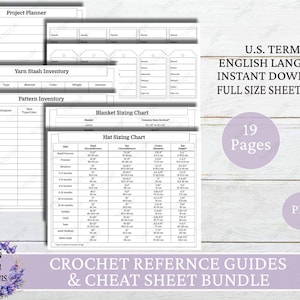 Puede incluir: Gu&iacute;as de referencia y hojas de trucos de crochet imprimibles. Incluye planificador de proyectos, inventario de hilo, inventario de patrones, tablas de tallas de mantas y sombreros. T&eacute;rminos estadounidenses, ingl&eacute;s, descarga instant&aacute;nea, 19 p&aacute;ginas.