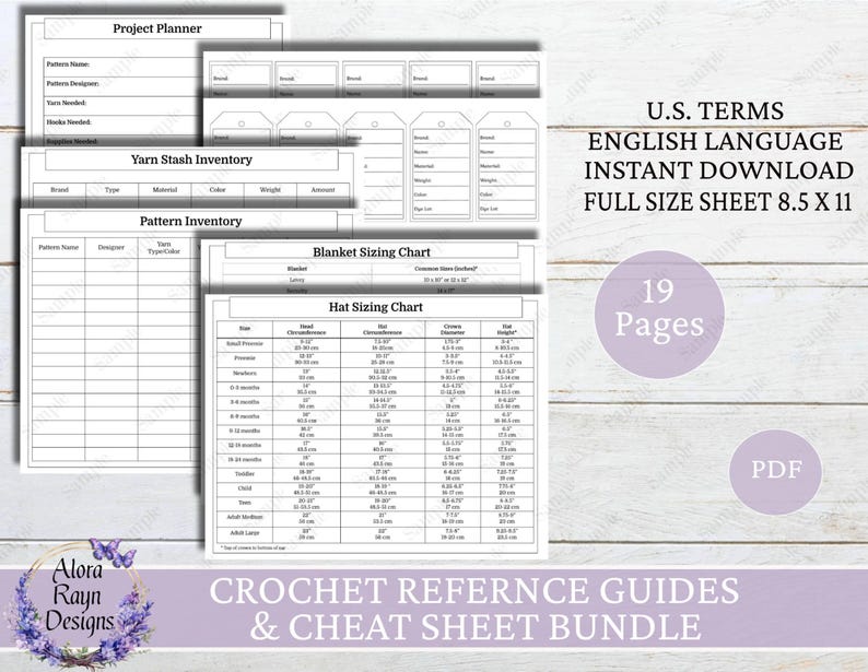 Puede incluir: Gu&iacute;as de referencia y hojas de trucos de crochet imprimibles. Incluye planificador de proyectos, inventario de hilo, inventario de patrones, tablas de tallas de mantas y sombreros. T&eacute;rminos estadounidenses, ingl&eacute;s, descarga instant&aacute;nea, 19 p&aacute;ginas.