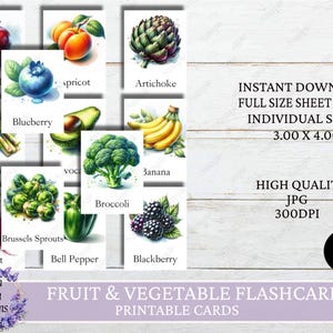 Printable Fruit and Vegetable Flashcards, Montessori Fruit and Vegetable Name Learning, Homeschooling Materials, Instant Download
