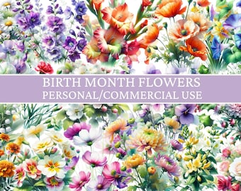 Birth Month Watercolor Flower Clipart, Birth Flower PNG, Month Floral Illustration, Flower Clipart, Floral Clipart, Instant Download