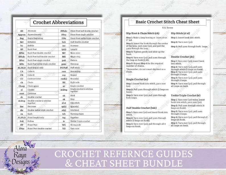 Puede incluir: Dos gu&iacute;as de referencia de ganchillo y un paquete de hojas de trucos. Las gu&iacute;as incluyen abreviaturas de ganchillo e instrucciones b&aacute;sicas de puntada. El paquete se titula "CROCHET REFERENCE GUIDES & CHEAT SHEET BUNDLE".