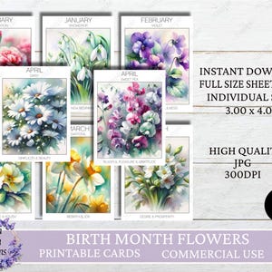 Cartões de flores do mês de nascimento para imprimir, cartões com o significado das flores de nascimento em aquarela, cartões florais, download instantâneo
