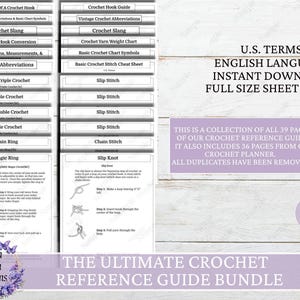 May include: A collection of 39 crochet reference guides and 36 pages from a crochet planner. The guides are in US terms and include crochet abbreviations, slang, stitch cheat sheets, and yarn weight charts. The guides are in English and are available for instant download. The full size sheet is 8.5 x 11 inches.