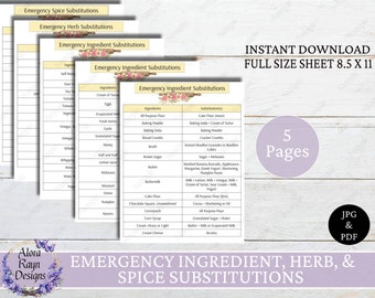 Printable Emergency Ingredient Substitutions Chart, Herb & Spice Substitutions, Printable Kitchen Cheat Sheet, Instant Download