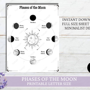Op de afbeelding: Een printbare kaart die de maanfasen laat zien. De kaart is in zwart-wit en heeft een cirkel met acht verschillende maanfasen, waaronder nieuwe maan, wassende sikkel, eerste kwartier, wassende bolle maan, volle maan, afnemende bolle maan, laatste kwartier en afnemende sikkel. De kaart bevat ook de tekst "Maanfasen" en "Printbare lettergrootte".