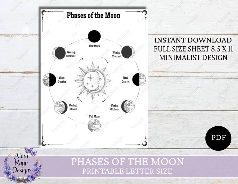 May include: A printable chart showing the phases of the moon. The chart is in black and white and features a circle with eight different moon phases, including new moon, waxing crescent, first quarter, waxing gibbous, full moon, waning gibbous, last quarter, and waning crescent. The chart also includes the text "Phases of the Moon" and "Printable Letter Size".