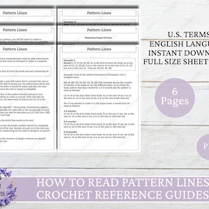 May include: A printable crochet reference guide with six pages of instructions on how to read crochet pattern lines. The guide is written in US terms and includes examples of how to read the pattern lines. The guide is available as an instant download and is 8.5 inches by 11 inches.