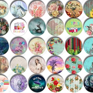 May include: A collection of round, decorative cabochons with various designs. The images include floral patterns, animals like unicorns and llamas, and inspirational phrases. Colors range from vibrant to pastel, with a mix of textures.