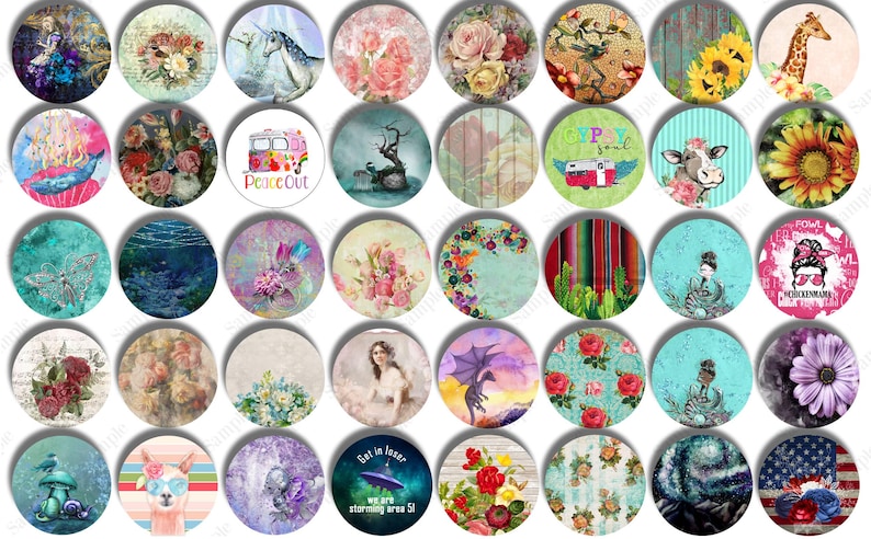 May include: A collection of round, decorative cabochons with various designs. The images include floral patterns, animals like unicorns and llamas, and inspirational phrases. Colors range from vibrant to pastel, with a mix of textures.