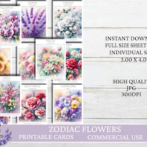 Fleurs du zodiaque, cartes de fleurs du zodiaque imprimables, aquarelle fleur du zodiaque signifiant cartes, fleurs astrologiques, téléchargement immédiat