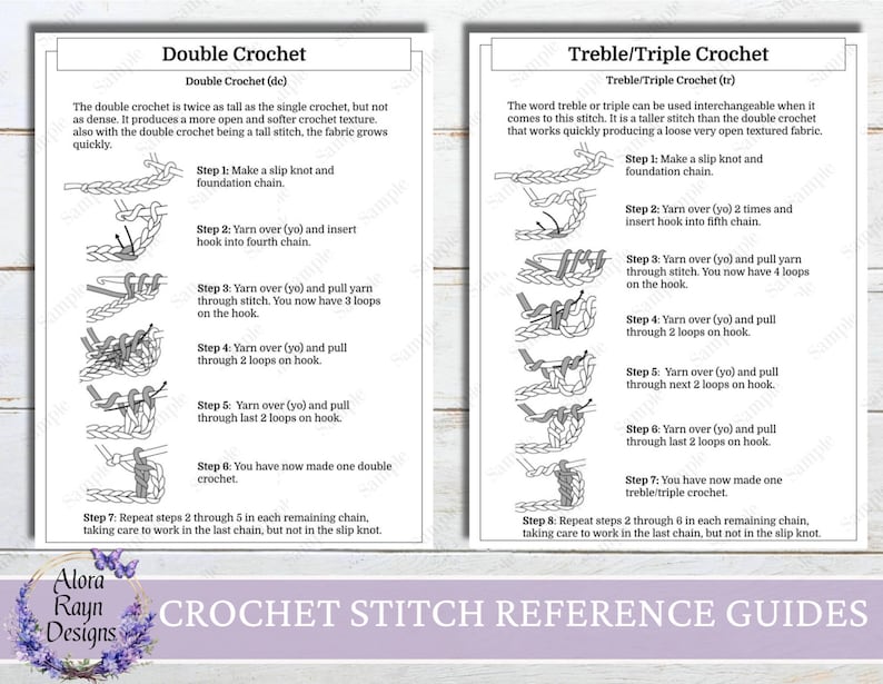 May include: Two crochet stitch reference guides. The left guide details the double crochet stitch, and the right guide details the treble/triple crochet stitch. Each guide includes step-by-step instructions with illustrations. The bottom of the image has the text "CROCHET STITCH REFERENCE GUIDES".