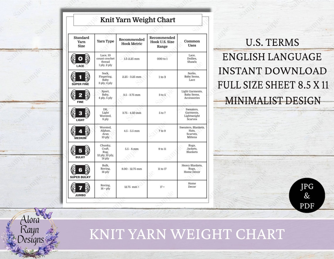Knit Yarn Weight Chart Reference Guide, Knit Journal Page, Basic Knit ...