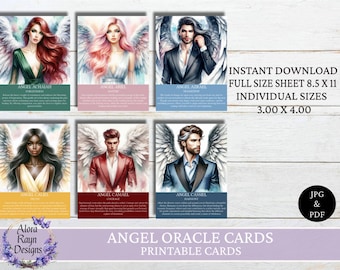 May include: A set of six angel oracle cards with watercolor illustrations of angels with wings. Each card features a different angel name and a brief description. The cards are available as an instant download in full size 8.5 x 11 inches and individual sizes 3.00 x 4.00 inches.