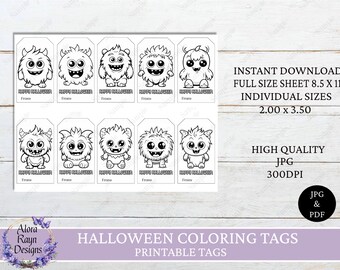 Halloween Monster druckbare Färbung Tags, Halloween Monster Tags, Färbung Tags, Kinder Halloween Tags, Sofort Download
