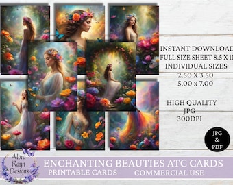May include: A set of printable ATC cards featuring enchanting women in floral settings. The cards are available in both JPG and PDF formats and are perfect for crafting or personal use.