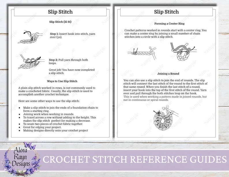 May include: A double-page crochet stitch reference guide detailing the slip stitch technique. The guide features diagrams and instructions for the slip stitch, forming a centre ring, and joining a round. The text "Crochet Stitch Reference Guides" is at the bottom.